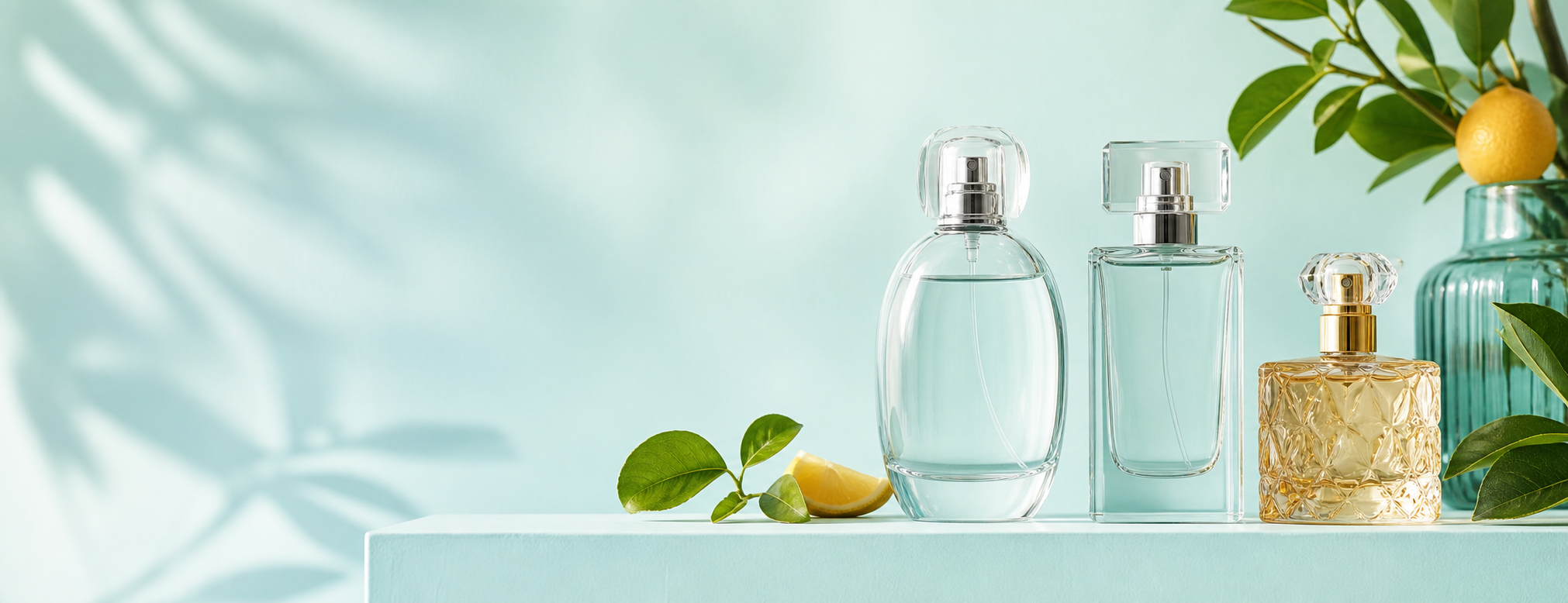 A single unbranded fragrance bottle lit from the side in daylight
