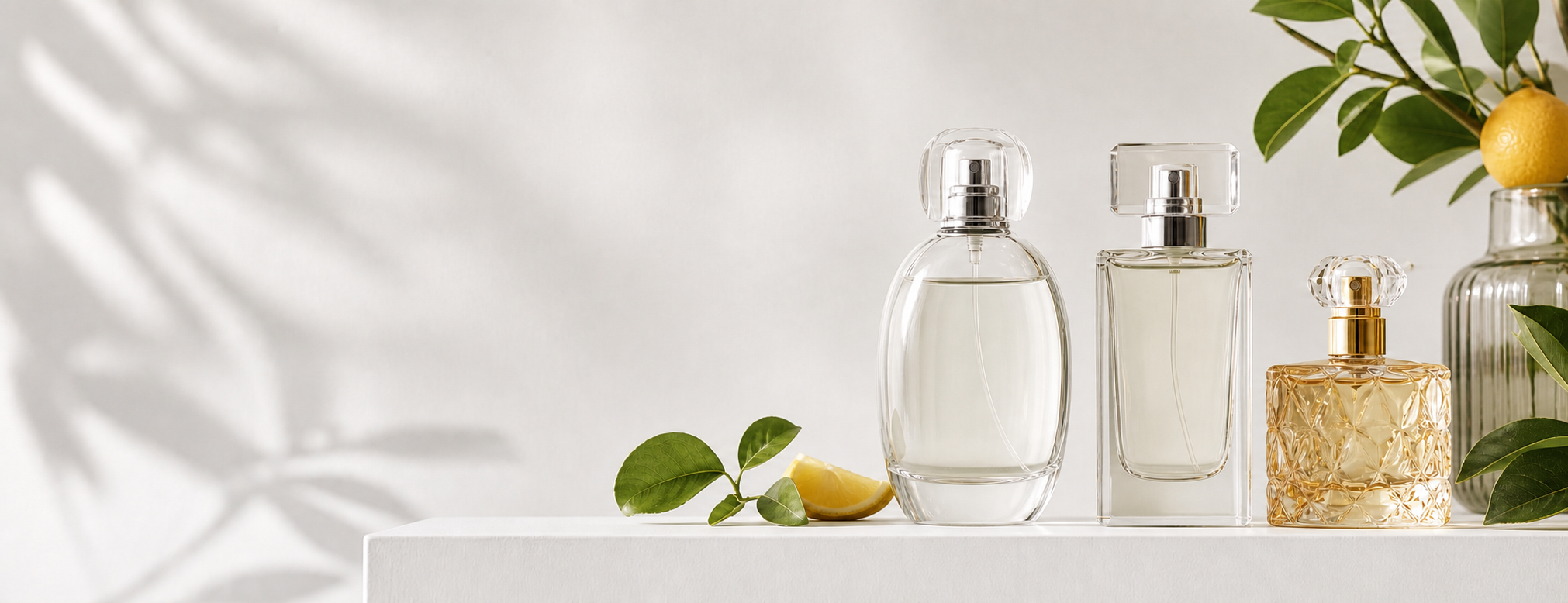 Unbranded clear fragrance bottles in a neutral daylight studio still life