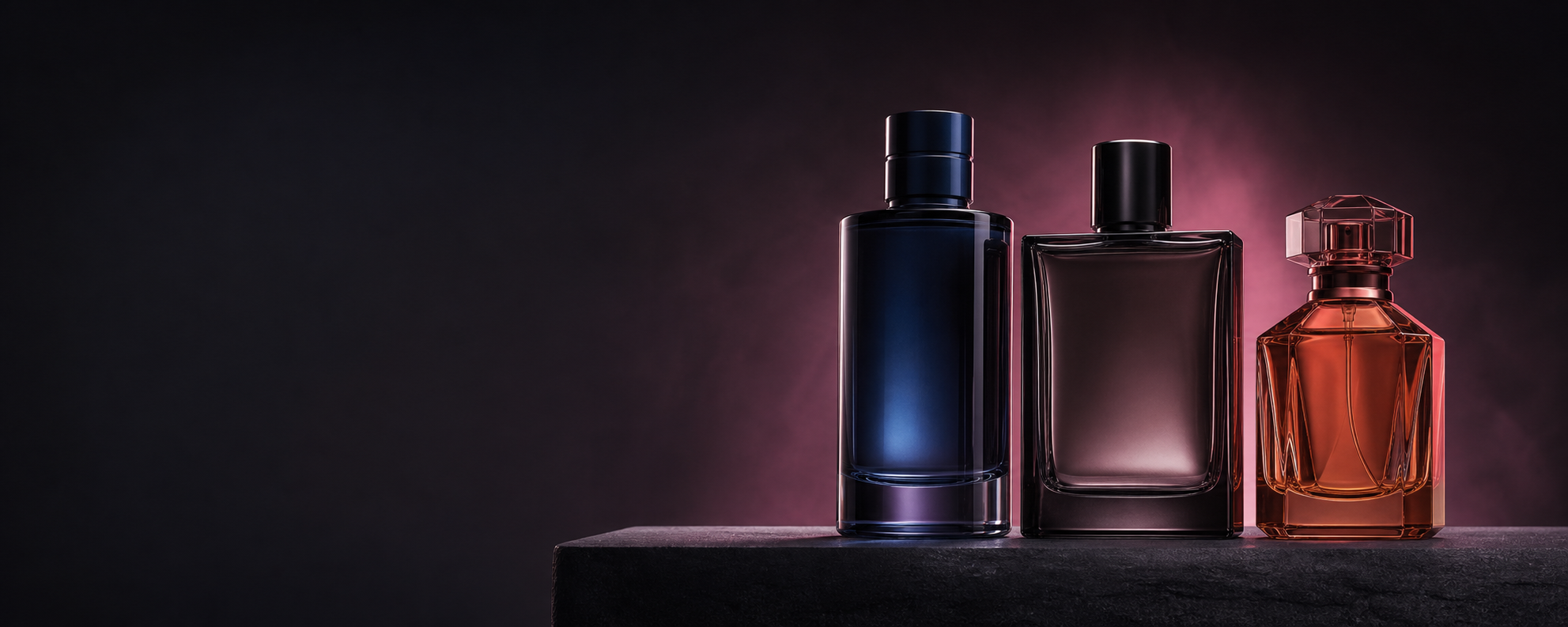 Unbranded fragrance bottles arranged in daylight on a pale surface